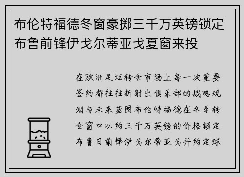 布伦特福德冬窗豪掷三千万英镑锁定布鲁前锋伊戈尔蒂亚戈夏窗来投