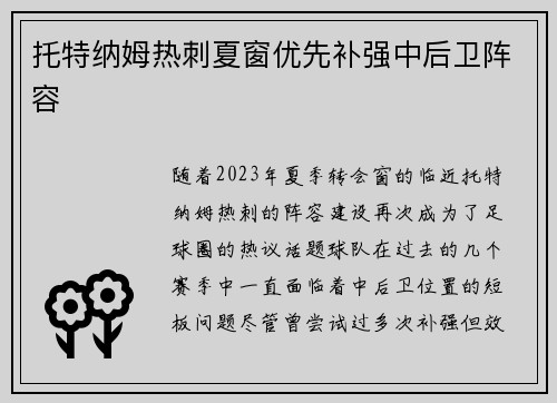 托特纳姆热刺夏窗优先补强中后卫阵容 托特纳姆热刺夏窗优先补强中后卫阵容